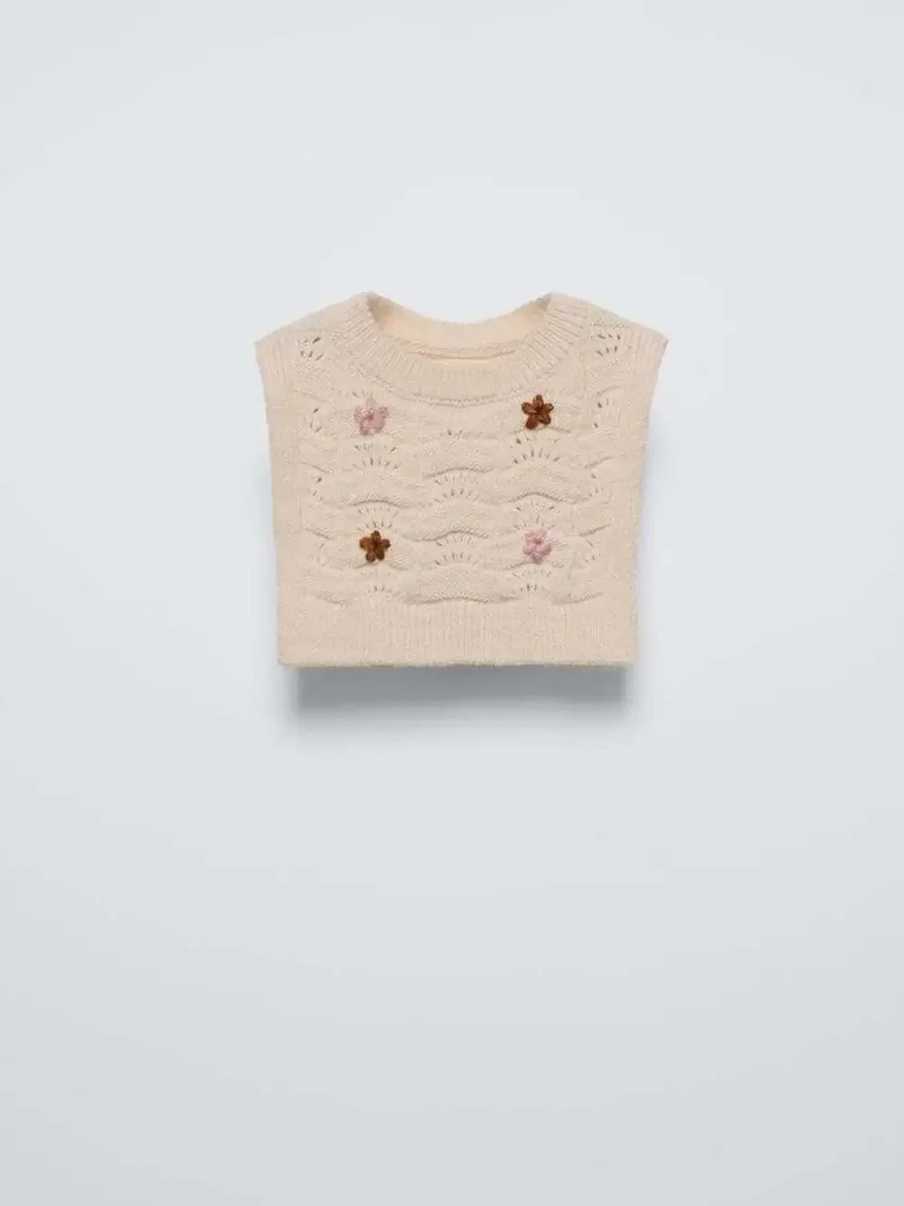 Zara Girls Cream Cable Knit Cropped Sweater Vest Floral Embroidery 6-9 Years